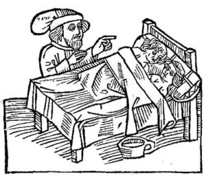Raffigurazione medievale che ritrae due amanti colti in flagrante
